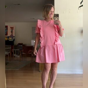 English Factory Coral Rose Pink Ruffle Mini Dress Cotton Short Sleeve Sz Medium